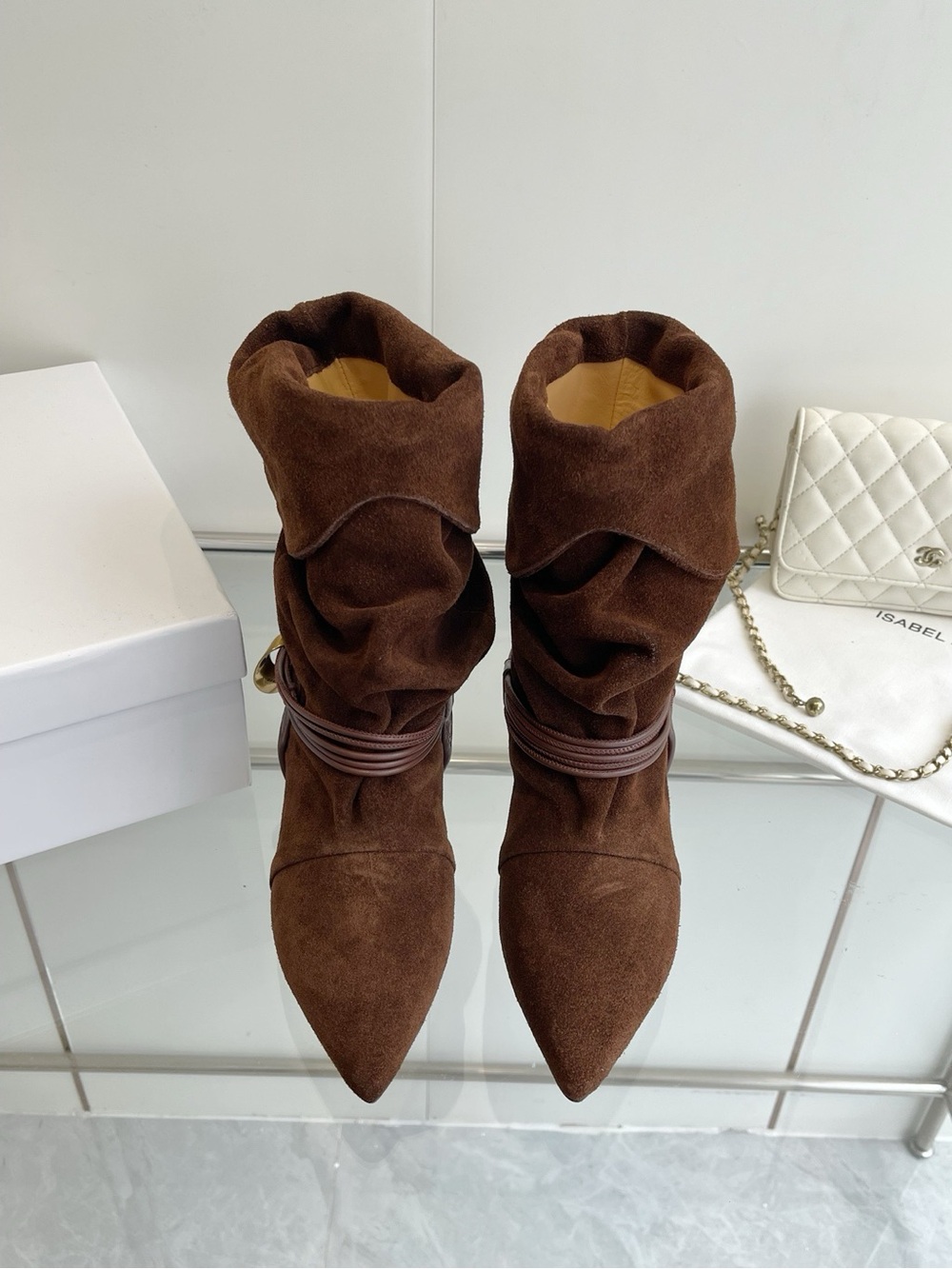 Women's Brown Suede Slouch Heel Boots with Wrapped Strap
